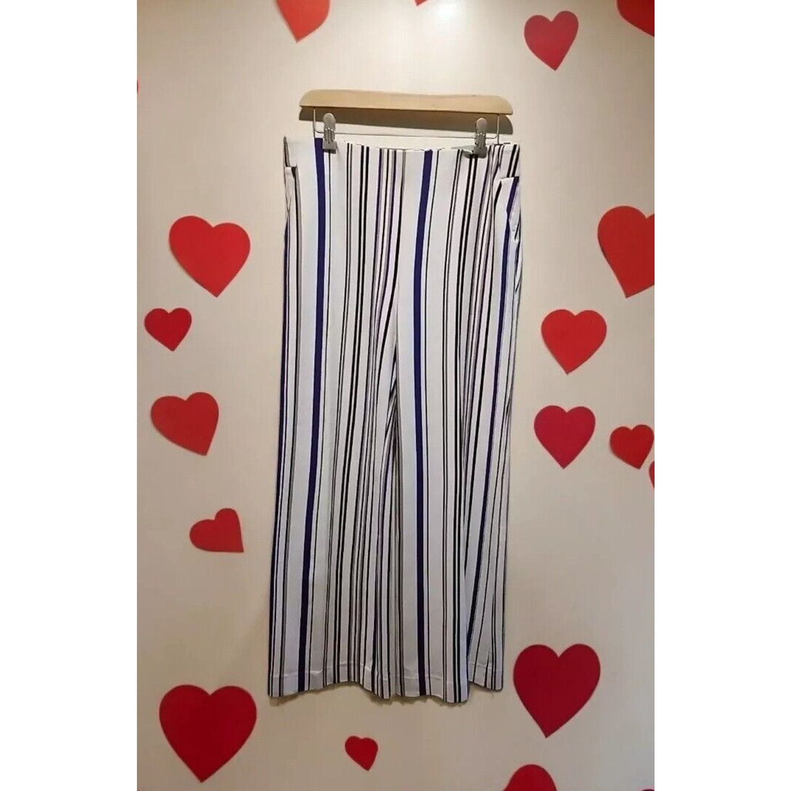 Chico’s Ponte Wide Leg Striped Trouser Pants Womens Size 1r/8 Blue Ivory Chicos